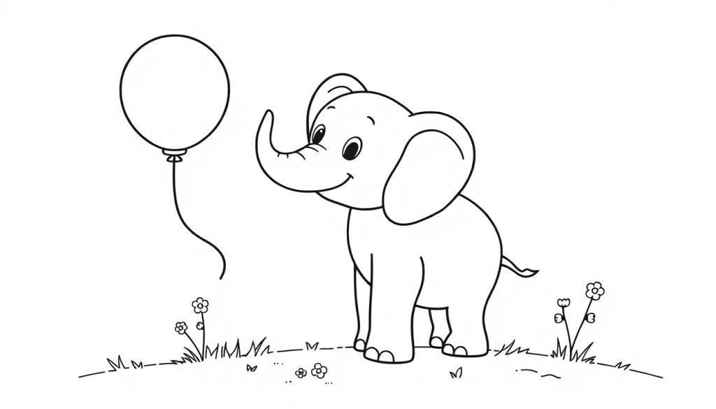 Ein süßer Elefant in Schwarz-Weiß-Ausmalbild-Farbtafel, der einen Ballon ansieht.