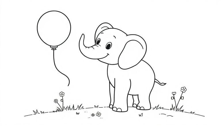 Ein süßer Elefant in Schwarz-Weiß-Ausmalbild-Farbtafel, der einen Ballon ansieht.