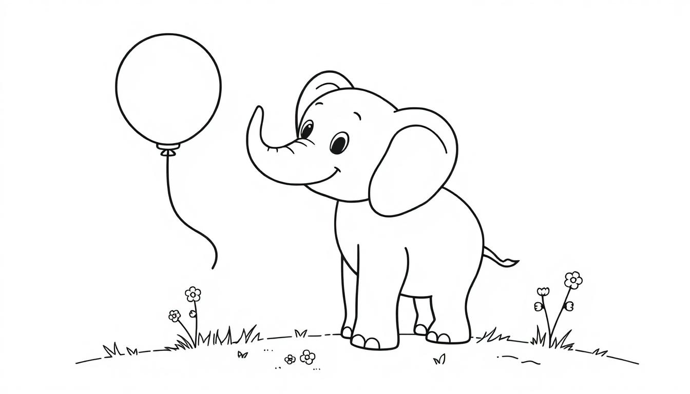 Ein süßer Elefant in Schwarz-Weiß-Ausmalbild-Farbtafel, der einen Ballon ansieht.