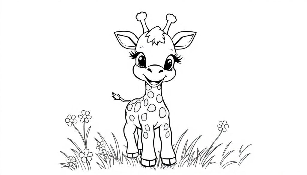 Eine schwarz-weiße Cartoon-Zeichnung einer niedlichen Giraffe mit großen Augen und einem Lächeln in einer Blumenwiese, bereit zum Ausmalen als Farbtafel.