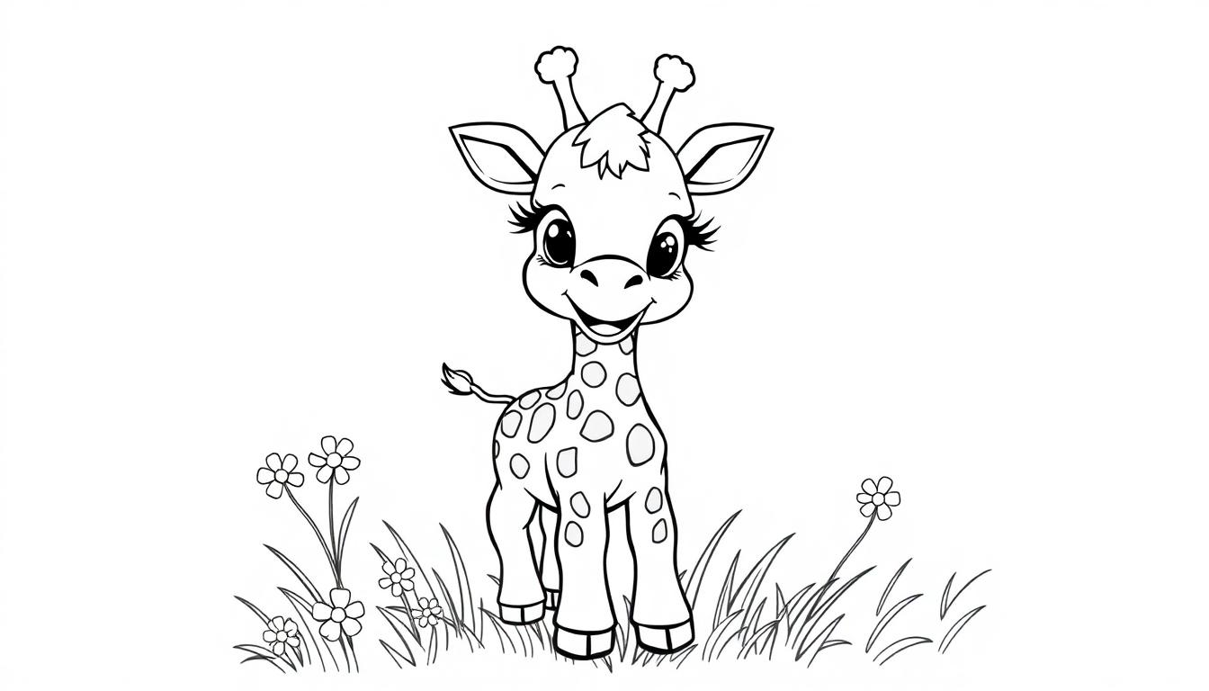 Eine schwarz-weiße Cartoon-Zeichnung einer niedlichen Giraffe mit großen Augen und einem Lächeln in einer Blumenwiese, bereit zum Ausmalen als Farbtafel.