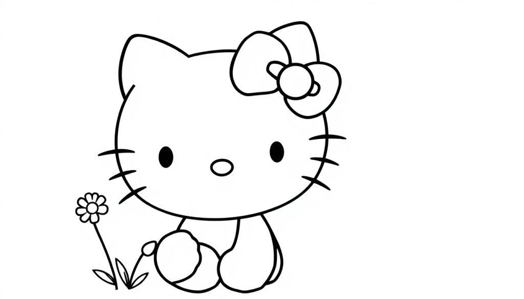 Eine Schwarz-Weiß-Farbtafel von Hello Kitty, die neben einer Blume sitzt und eine Schleife trägt.