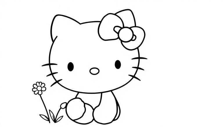 Eine Schwarz-Weiß-Farbtafel von Hello Kitty, die neben einer Blume sitzt und eine Schleife trägt.