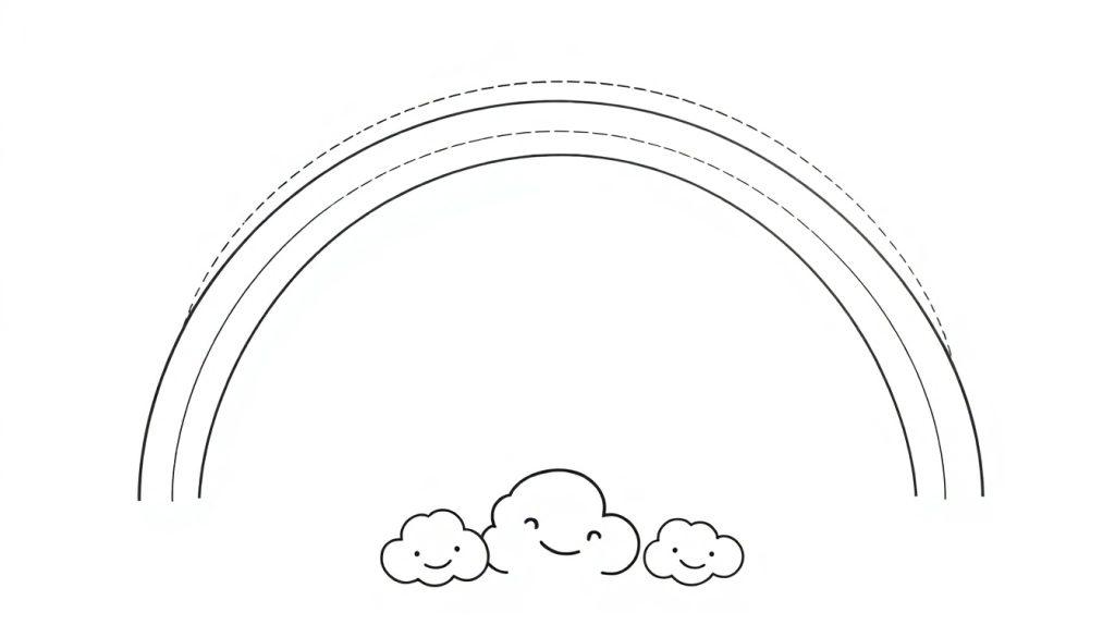 Eine schwarz-weiße Farbtafel-Zeichnung eines einfachen Regenbogens mit drei gestreiften Bögen über drei lächelnden Wolken.