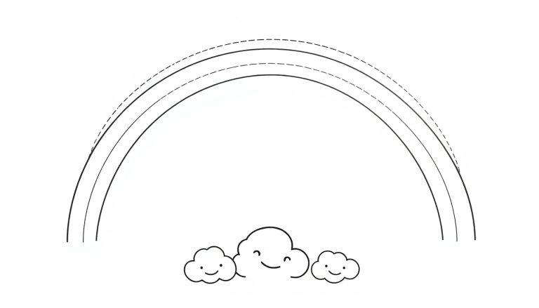 Eine schwarz-weiße Farbtafel-Zeichnung eines einfachen Regenbogens mit drei gestreiften Bögen über drei lächelnden Wolken.
