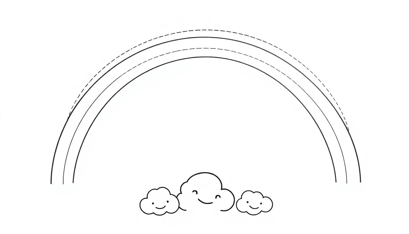 Eine schwarz-weiße Farbtafel-Zeichnung eines einfachen Regenbogens mit drei gestreiften Bögen über drei lächelnden Wolken.