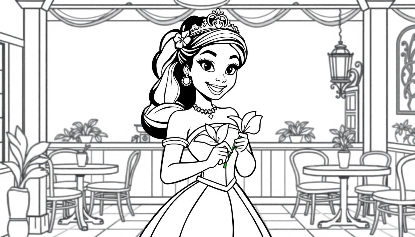 Eine Zeichentrickprinzessin in einem eleganten Outfit mit Diadem und Blumen, sitzend in einem stilvollen Café.