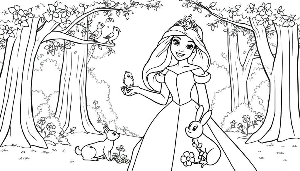 Schwarz-Weiß-Farbtafel einer jungen Prinzessin mit Tiara, die im Wald mit Tieren spielt.