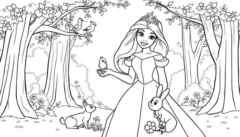 Schwarz-Weiß-Farbtafel einer jungen Prinzessin mit Tiara, die im Wald mit Tieren spielt.