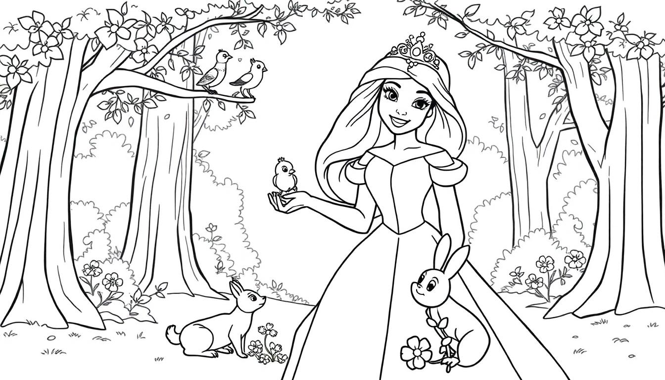 Schwarz-Weiß-Farbtafel einer jungen Prinzessin mit Tiara, die im Wald mit Tieren spielt.