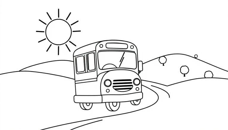 Ein fröhlicher Schulbus als Farbtafel auf einer kurvigen Straße durch hügelige Landschaft.
