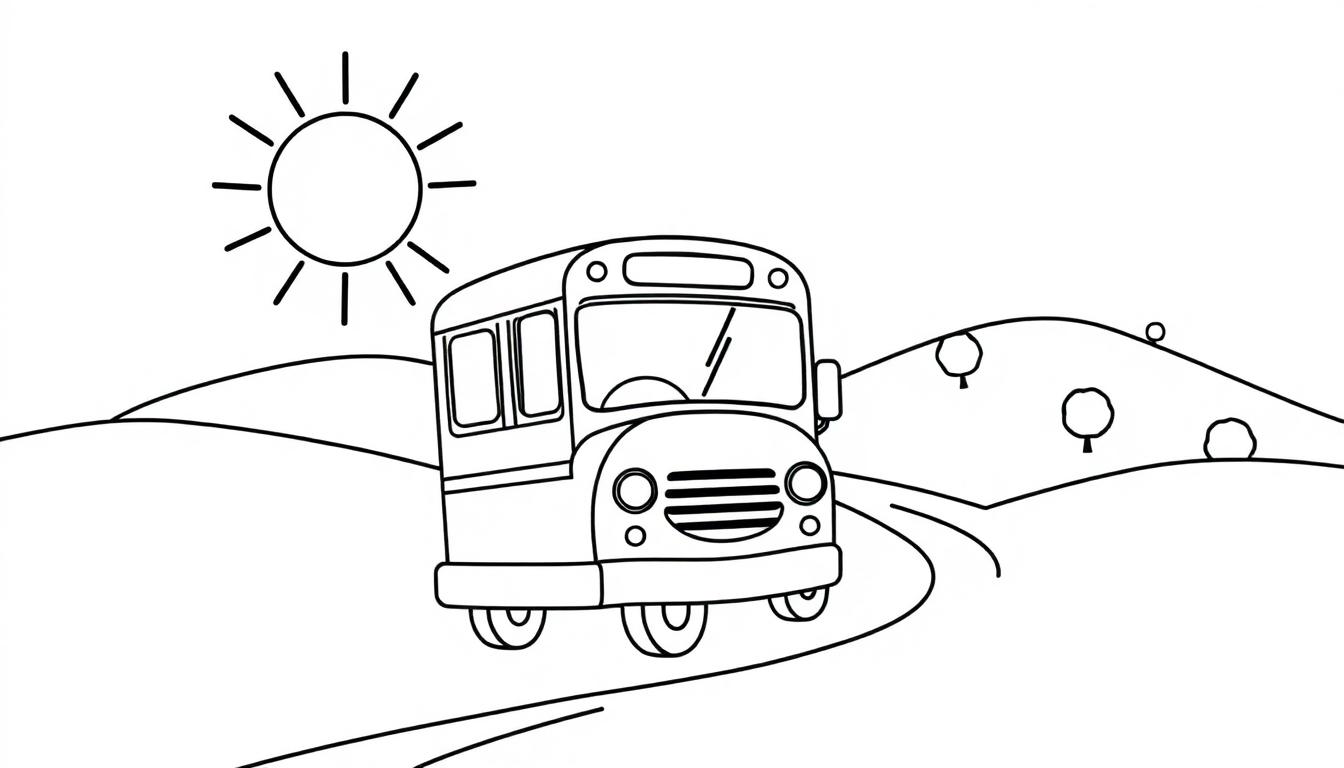 Ein fröhlicher Schulbus als Farbtafel auf einer kurvigen Straße durch hügelige Landschaft.