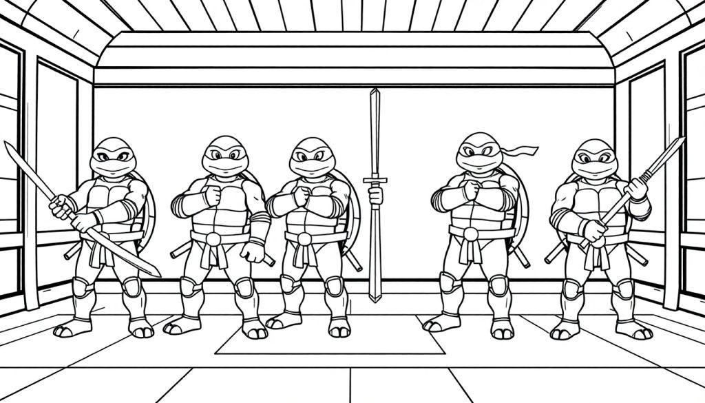 Farbtafel: Fünf Cartoon-Schildkröten in Rüstung mit Waffen im Dojo.