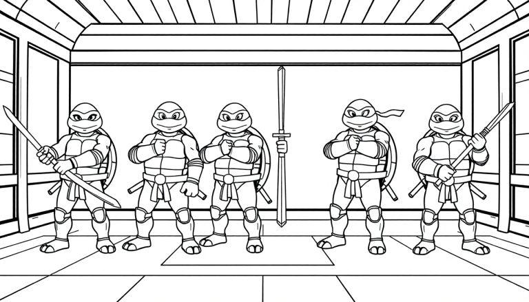 Farbtafel: Fünf Cartoon-Schildkröten in Rüstung mit Waffen im Dojo.