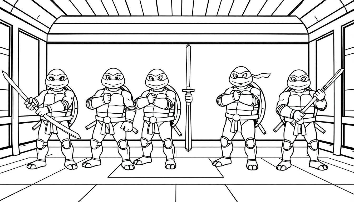 Farbtafel: Fünf Cartoon-Schildkröten in Rüstung mit Waffen im Dojo.