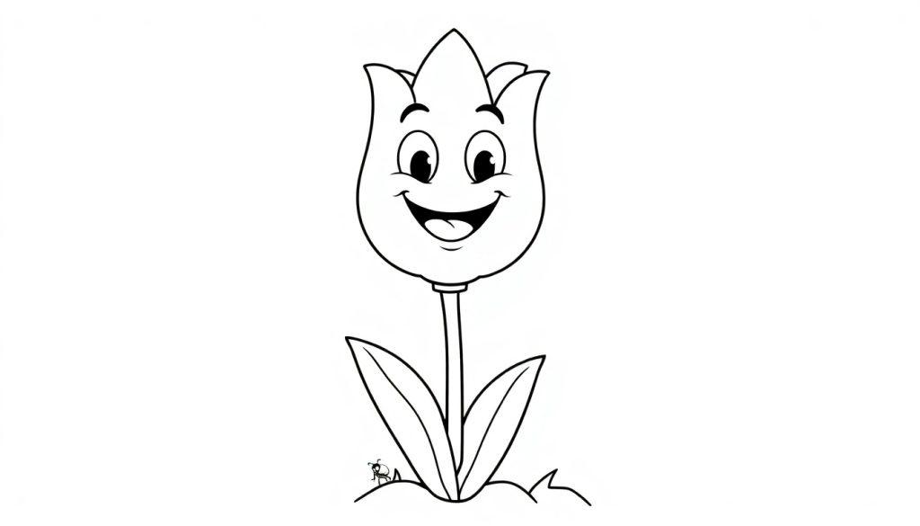 Eine fröhliche Cartoon-Tulpe bereit zum Ausmalen, eine Farbtafel für Kinder.