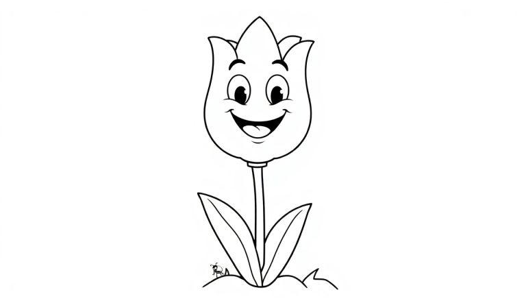 Eine fröhliche Cartoon-Tulpe bereit zum Ausmalen, eine Farbtafel für Kinder.