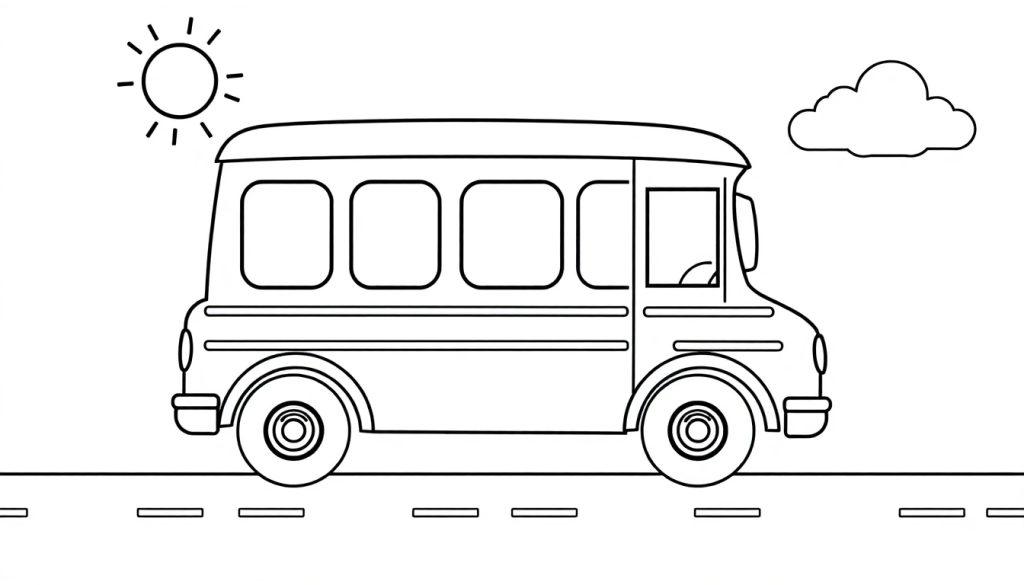 Ein Schulbus zum Ausmalen auf einer sonnigen Straße mit einer Farbtafel. ☀️