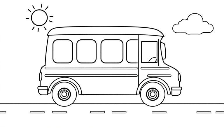 Ein Schulbus zum Ausmalen auf einer sonnigen Straße mit einer Farbtafel. ☀️