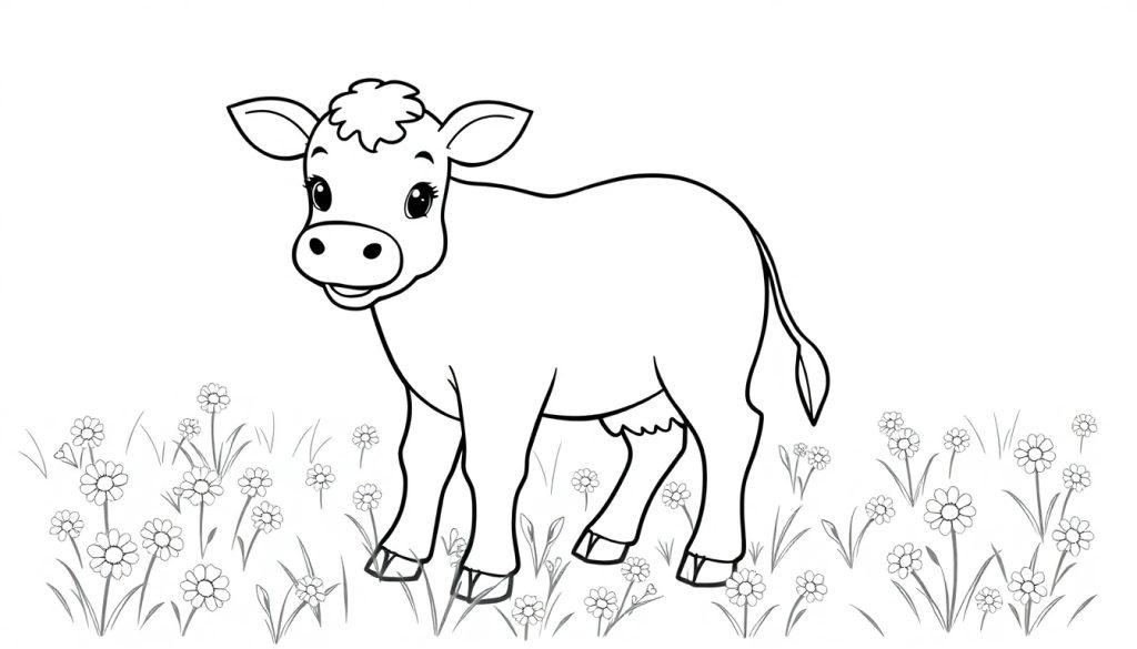 Schwarz-Weiß-Farbtafel eines niedlichen Kalbs auf einer Wiese mit Gänseblümchen.