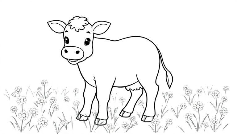 Schwarz-Weiß-Farbtafel eines niedlichen Kalbs auf einer Wiese mit Gänseblümchen.