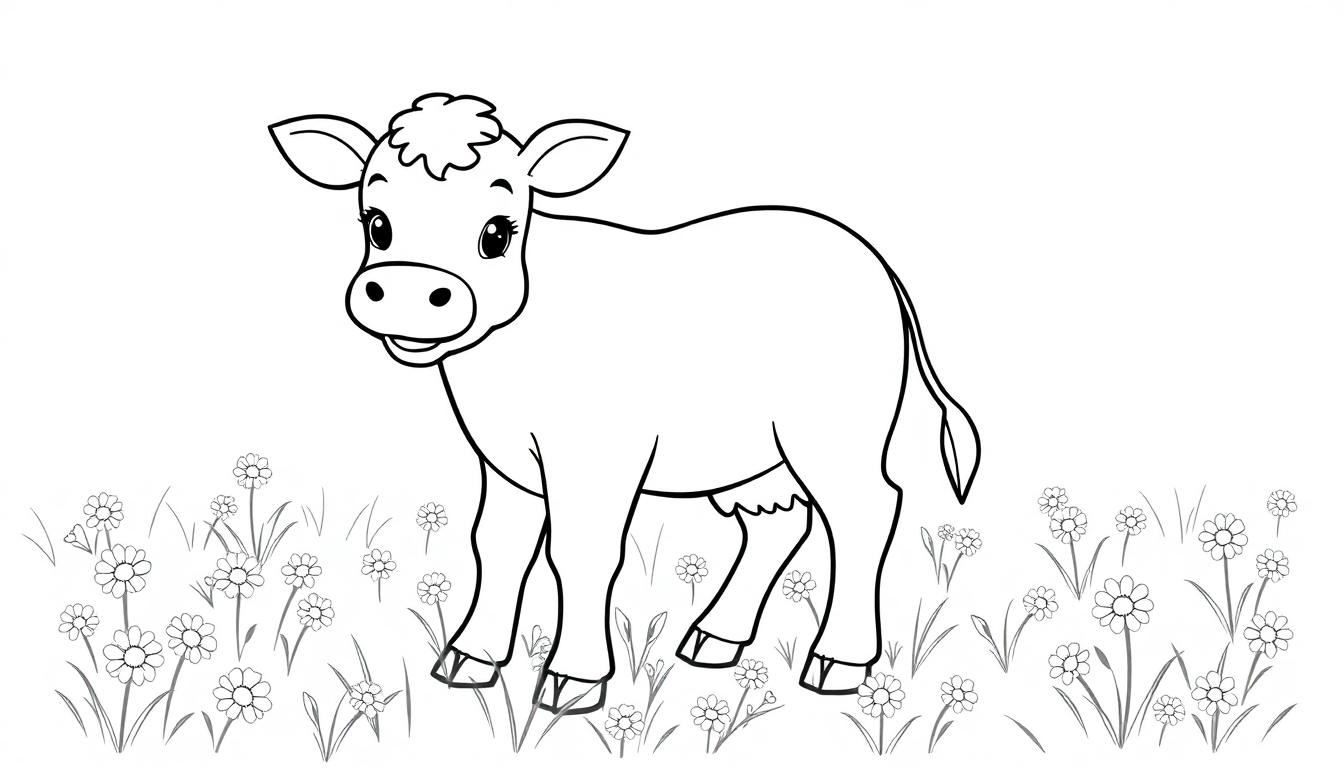 Schwarz-Weiß-Farbtafel eines niedlichen Kalbs auf einer Wiese mit Gänseblümchen.