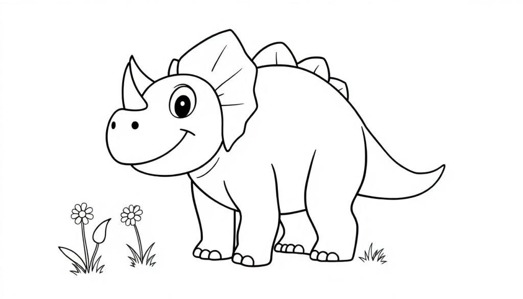 Schwarz-Weiß-Farbtafel-Zeichnung eines fröhlichen Cartoon-Triceratops mit drei Hörnern und einem Nackenschild, der zwischen kleinen Blumen steht.