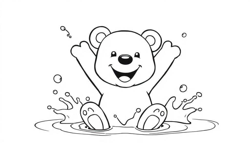 Schwarz-weiße Farbtafel: Ein glücklicher Teddybär planscht im Wasser mit aufgeregten Spritzern.