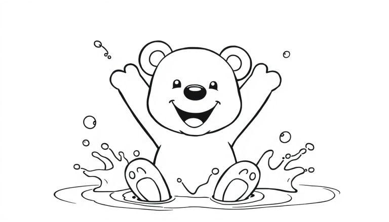 Schwarz-weiße Farbtafel: Ein glücklicher Teddybär planscht im Wasser mit aufgeregten Spritzern.