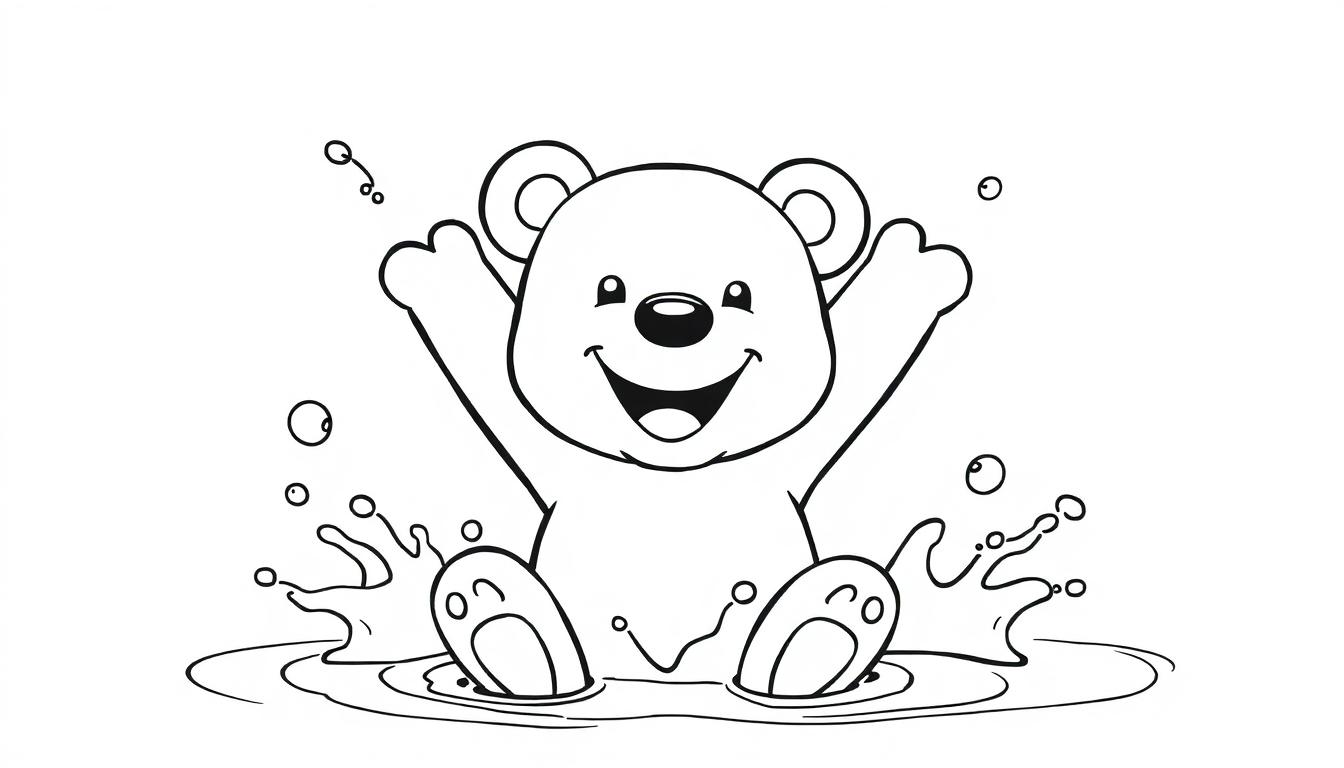 Schwarz-weiße Farbtafel: Ein glücklicher Teddybär planscht im Wasser mit aufgeregten Spritzern.