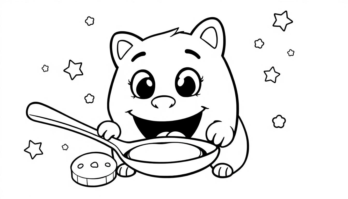 Schwarz-weiße Farbtafel eines Cartoon-Bären, der Suppe mit einem Löffel und Keksen kocht, umgeben von Sternchen.