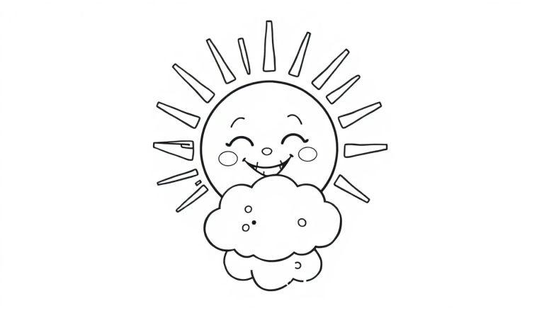 Eine fröhliche, lächelnde Sonne sitzt auf einer flauschigen Wolke. Schwarz-weiß-Farbtafel-Zeichnung zum Ausmalen für Kinder.