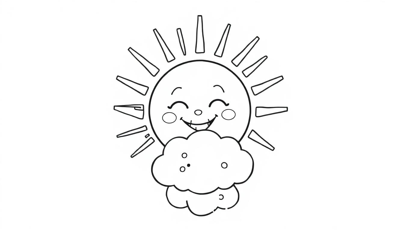 Eine fröhliche, lächelnde Sonne sitzt auf einer flauschigen Wolke. Schwarz-weiß-Farbtafel-Zeichnung zum Ausmalen für Kinder.
