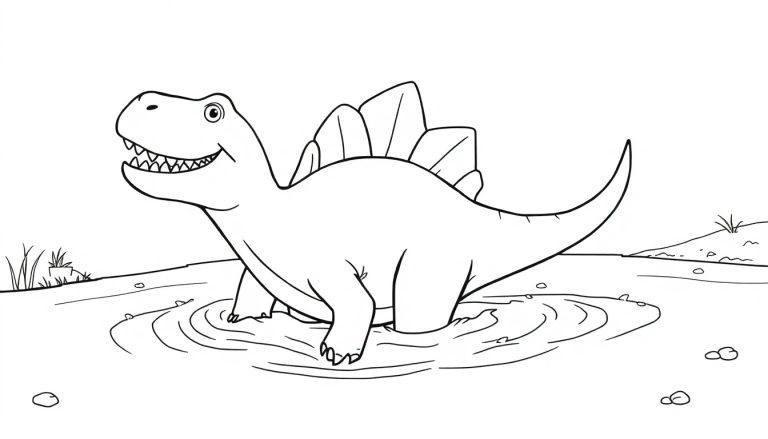 Eine freundliche Schwarz-Weiß-Farbtafel eines Stegosaurus im Wasser.