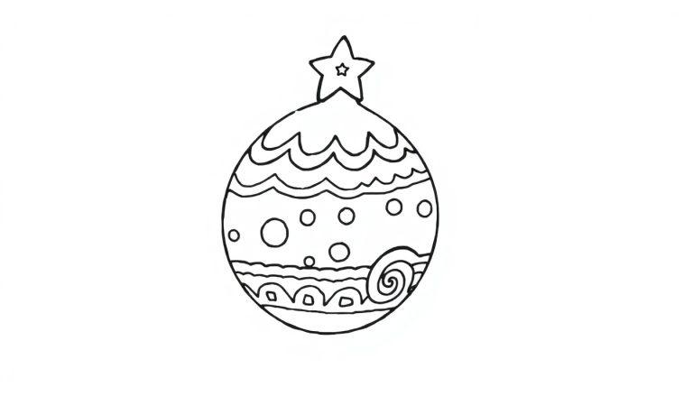 Eine Schwarz-Weiß-Farbtafel einer Weihnachtskugel mit einem Stern und Mustern zum Ausmalen.