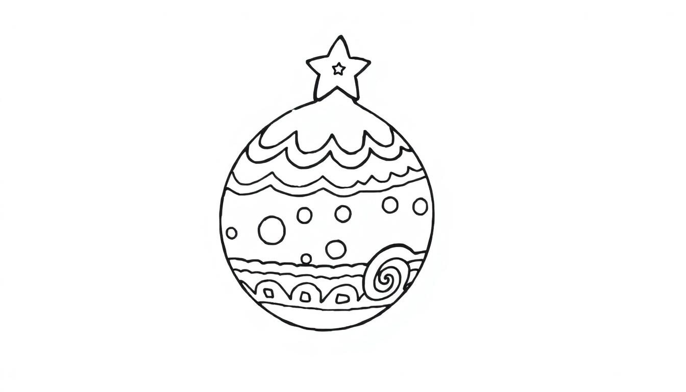 Eine Schwarz-Weiß-Farbtafel einer Weihnachtskugel mit einem Stern und Mustern zum Ausmalen.