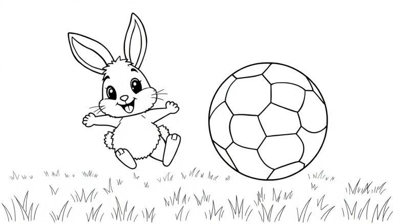 Eine schwarz-weiße Farbtafel eines fröhlichen Cartoon-Hasen, der neben einem Fußball im Gras steht.
