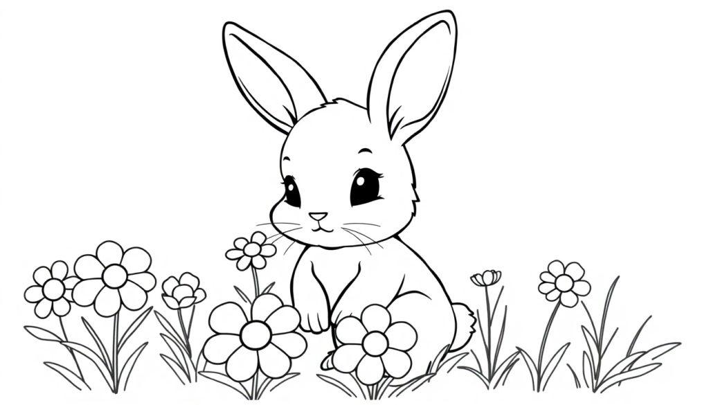 Schwarz-Weiß-Farbtafel-Zeichnung eines süßen Hasen mit großen Augen und langen Ohren, der eine Blume im Maul hält und zwischen Gänseblümchen und Gras sitzt.