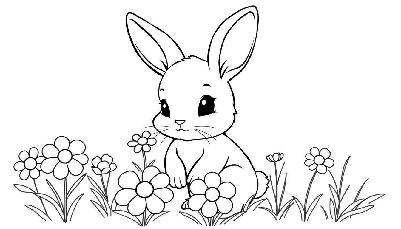 Schwarz-Weiß-Farbtafel-Zeichnung eines süßen Hasen mit großen Augen und langen Ohren, der eine Blume im Maul hält und zwischen Gänseblümchen und Gras sitzt.