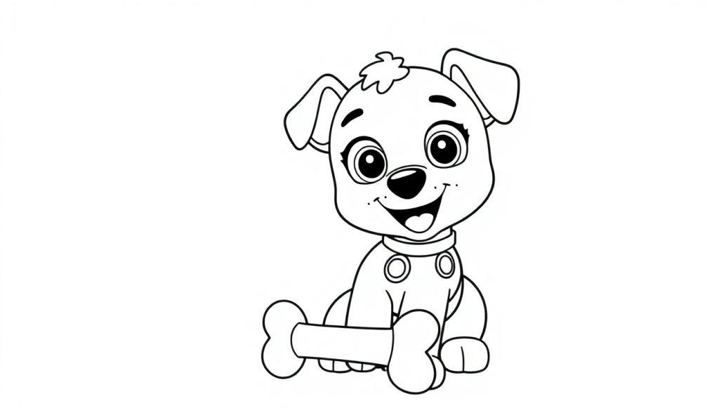 Schwarz-weiße Farbtafel eines Paw Patrol Welpen mit einem Knochen.