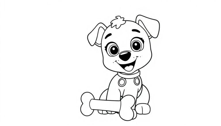 Schwarz-weiße Farbtafel eines Paw Patrol Welpen mit einem Knochen.