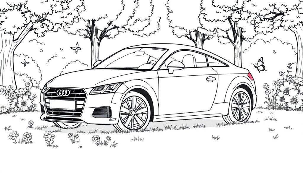 Schwarz-weiße Farbtafel eines Audi TT Coupés in einer Naturlandschaft mit Bäumen, Blumen und Schmetterlingen.
