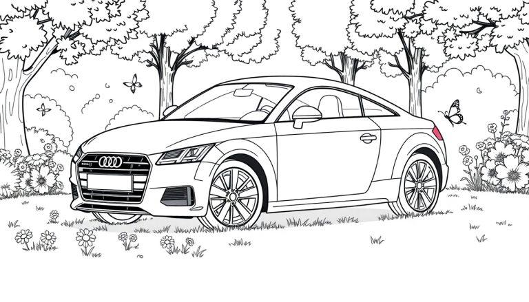 Schwarz-weiße Farbtafel eines Audi TT Coupés in einer Naturlandschaft mit Bäumen, Blumen und Schmetterlingen.