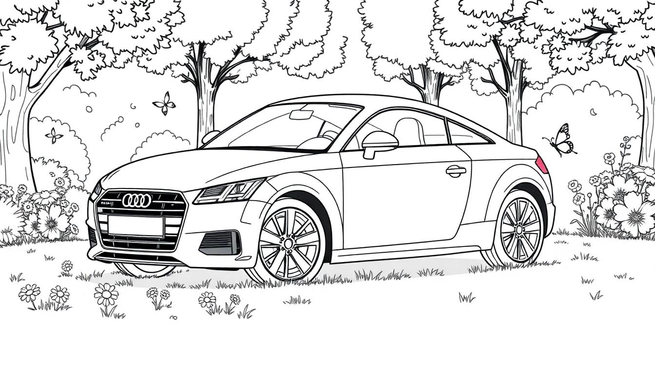 Schwarz-weiße Farbtafel eines Audi TT Coupés in einer Naturlandschaft mit Bäumen, Blumen und Schmetterlingen.