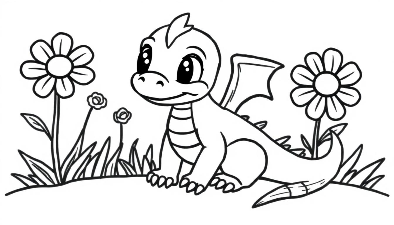Eine freundliche Farbtafel eines kleinen Drachen auf einer grünen Wiese, der bunte Blumen bewundert.