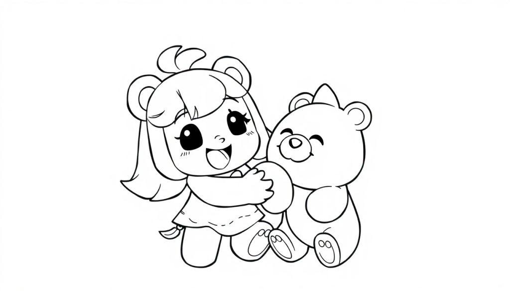 Farbtafel: Ein niedliches Mädchen umarmt einen Teddybären im Brawl Stars-Stil.