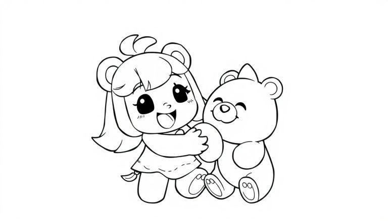 Farbtafel: Ein niedliches Mädchen umarmt einen Teddybären im Brawl Stars-Stil.