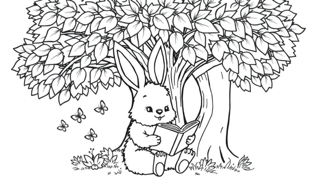 Schwarz-weiße Farbtafel eines niedlichen Hasen, der unter einem Baum ein Buch liest.