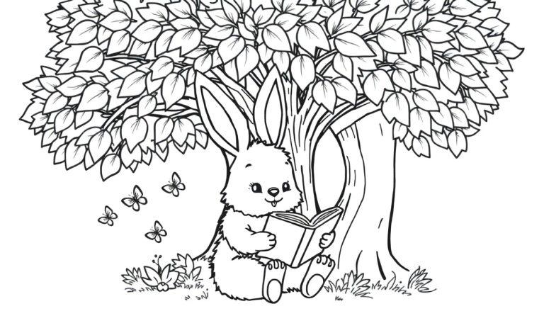 Schwarz-weiße Farbtafel eines niedlichen Hasen, der unter einem Baum ein Buch liest.
