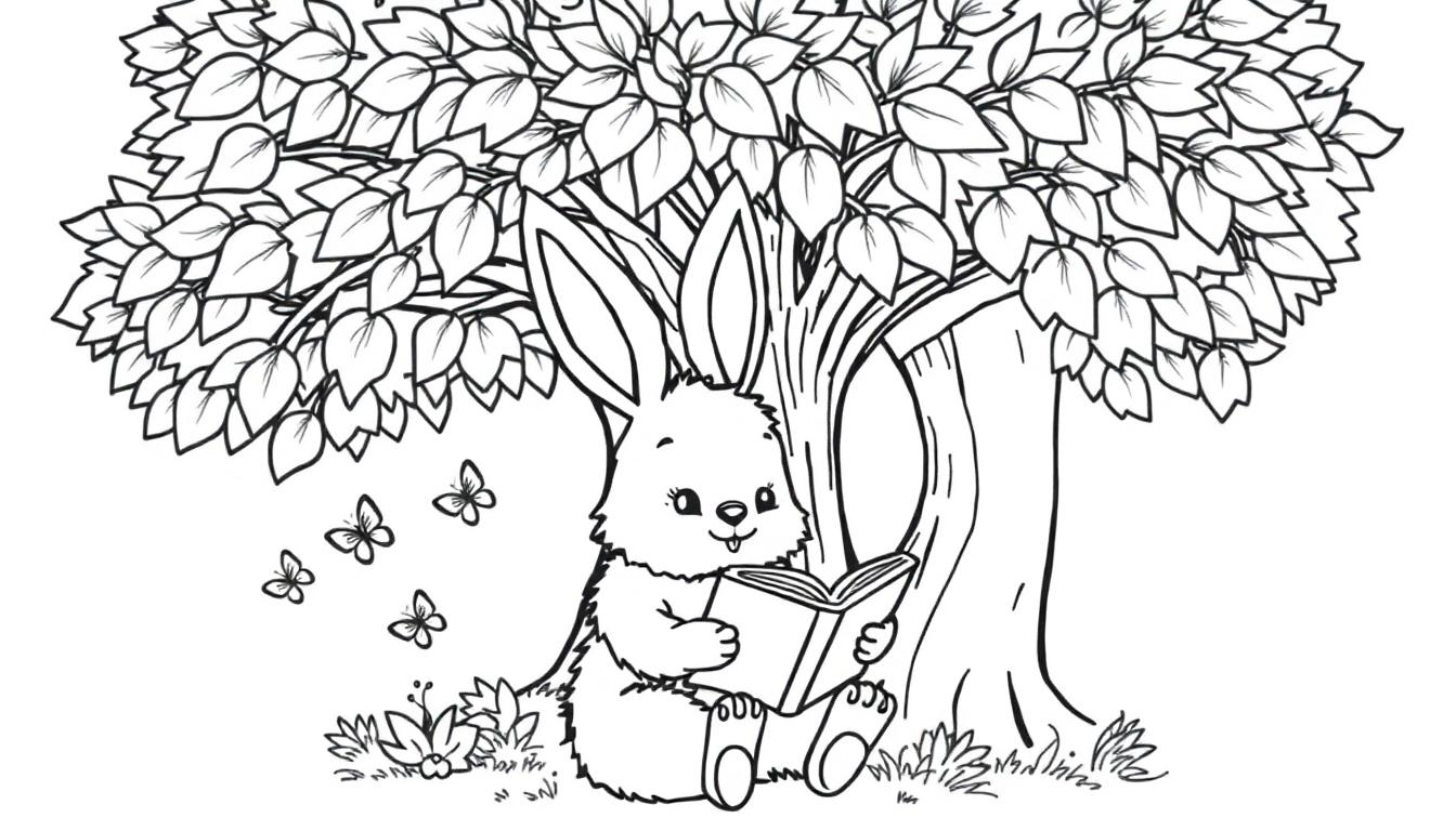 Schwarz-weiße Farbtafel eines niedlichen Hasen, der unter einem Baum ein Buch liest.